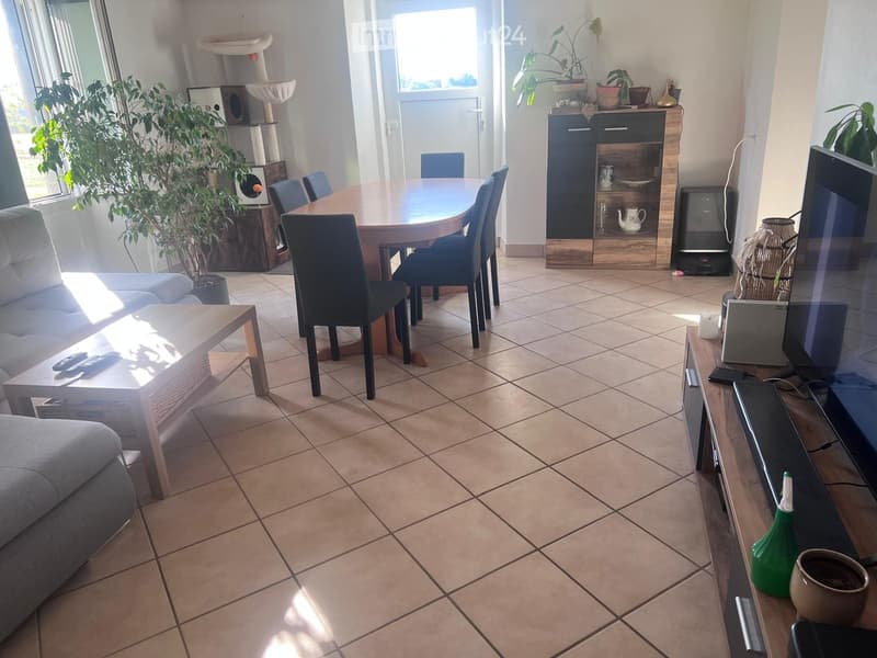 A well-lit living and dining area with a sofa, coffee table, dining table with chairs, a cat tree, and a television. The space features tiled flooring and large windows allowing natural light to fill the room.