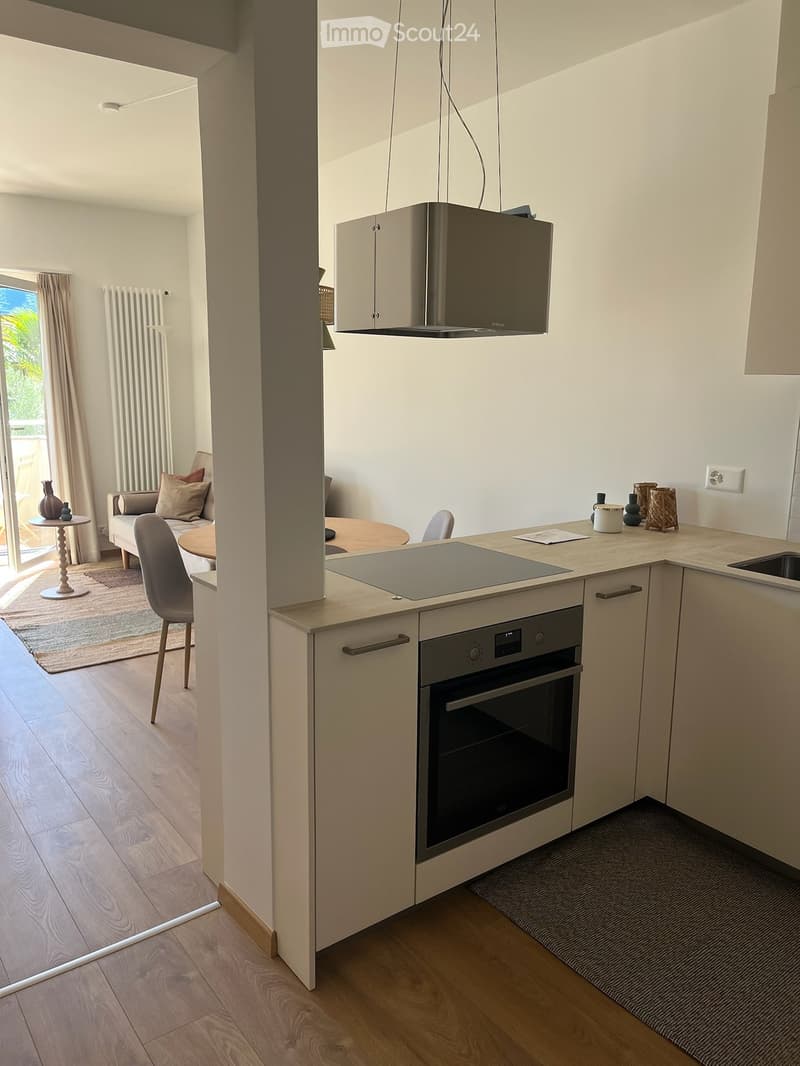 Modern kitchen with light-colored cabinets, an induction stove, and an oven. Adjacent living area features a sofa, small table, and decorative items.