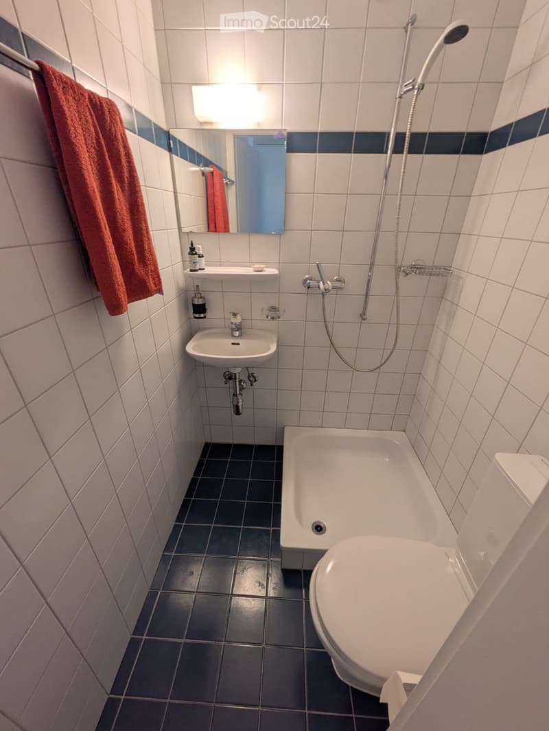 Bathroom with white tiles, a bathtub, toilet, sink, mirror, and a red towel hanging on the wall.