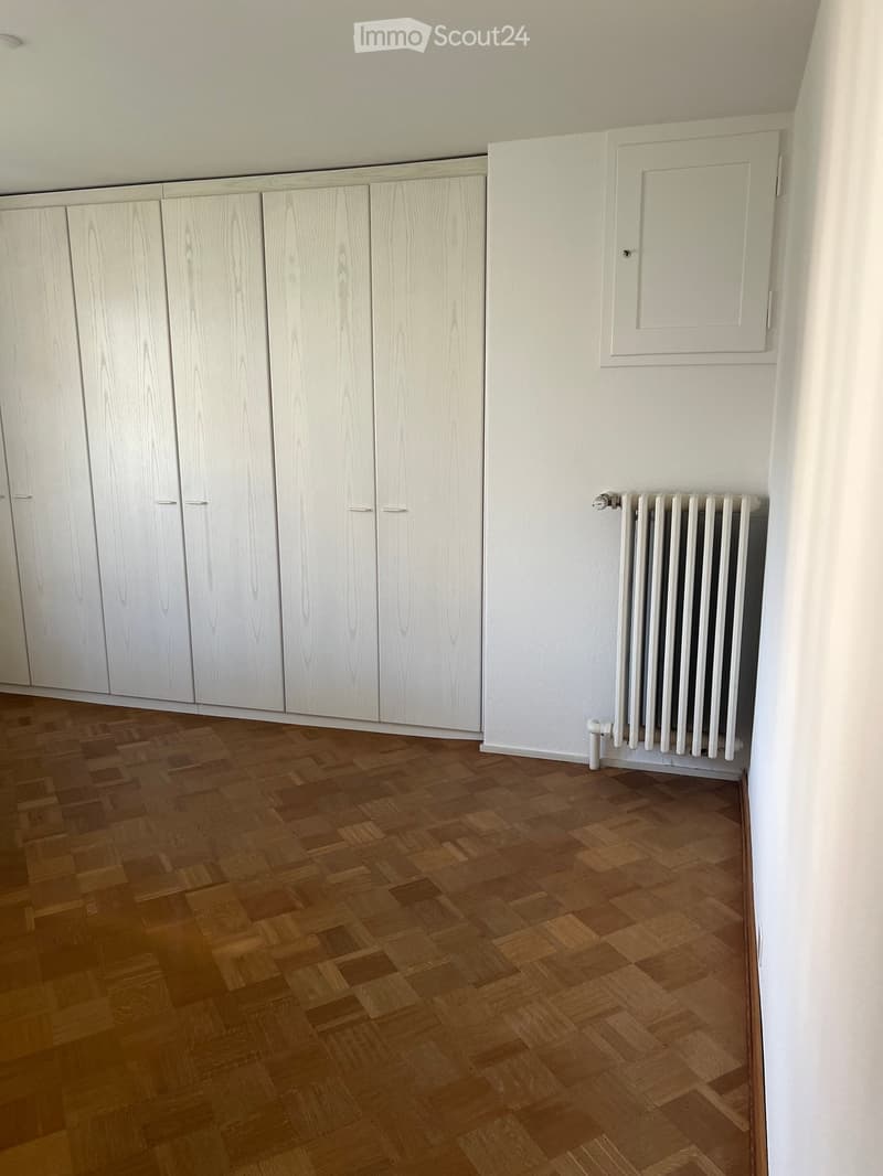 Empty room with wooden herringbone flooring, white paneled wardrobes, and a white radiator against the wall.