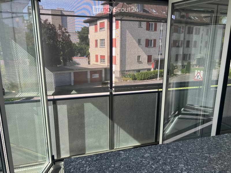 Balcony with large glass windows offering a view of a residential street with houses, trees, and a garage.