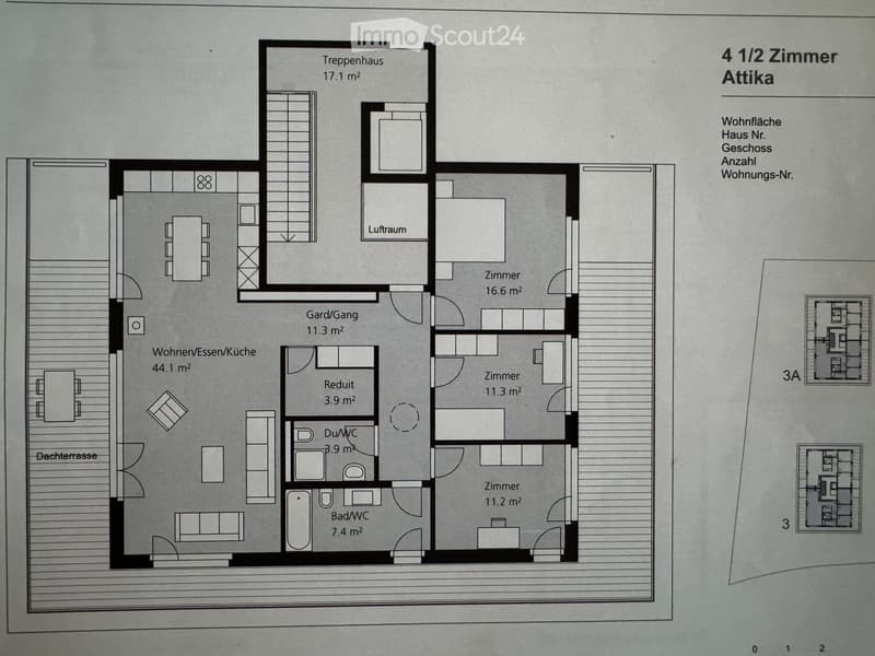 Floor plan of a 4.5-room attic apartment with living/dining/kitchen area, three bedrooms, bathroom, and separate WC.