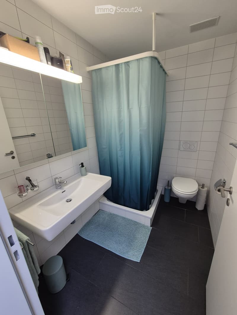 Modern bathroom with white tiles, a white sink, a toilet, a shower area with a blue curtain, a mirror, and a small rug on the floor.