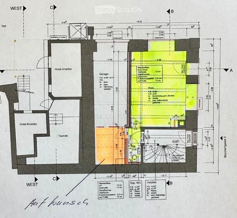 Floor plan of a building showing multiple rooms including a garage, technical area, and several labeled spaces with dimensions.