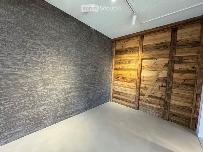 Empty room with a textured grey wall and a wooden door with a crossbar, featuring a smooth concrete floor and white ceiling.