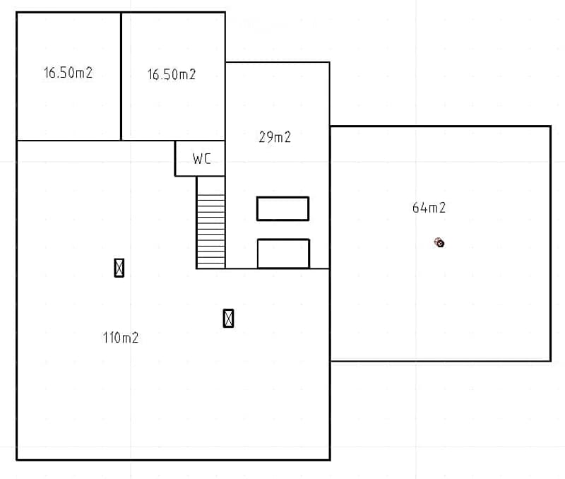 Floor plan showing a living area (110m²), two bedrooms (16.5m² each), a bathroom (29m²), and a small hallway (64m²).