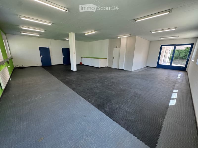 Empty room with grey carpeted floor, white walls, and blue doors. Features include a white cabinet, a small counter, and a large window with blue frame.