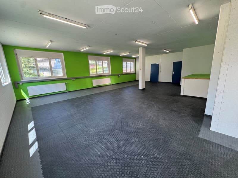 Empty room with green and white walls, large windows, and a dark grey industrial-style floor. No furniture or equipment present.