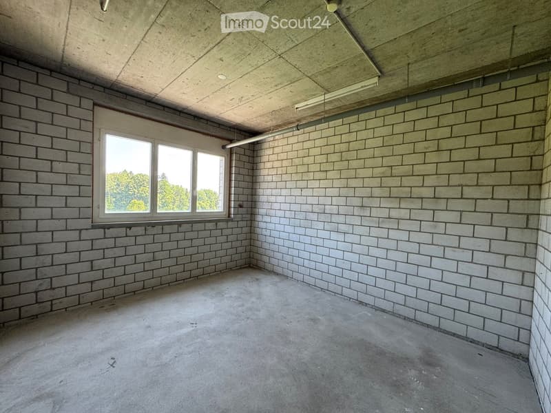 Empty room with exposed brick walls, concrete floor, and large windows offering a view of greenery.