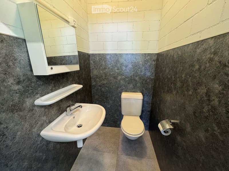 Modern bathroom with a white sink, chrome faucet, toilet, and a wall-mounted mirror. Dark grey marble tiles on walls and light grey tiles on the floor.