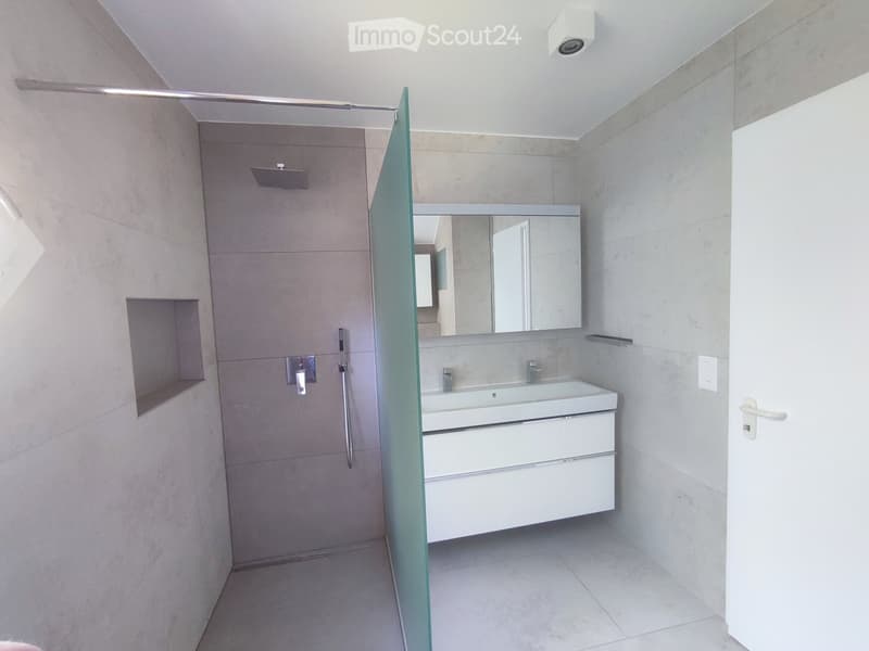 Modern bathroom with a white sink, mirrored cabinet, glass shower enclosure, and tiled walls.
