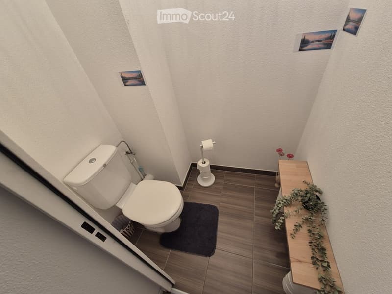 Compact bathroom with a toilet, toilet paper holder, wooden shelf with a small plant, and picture frames on the wall.