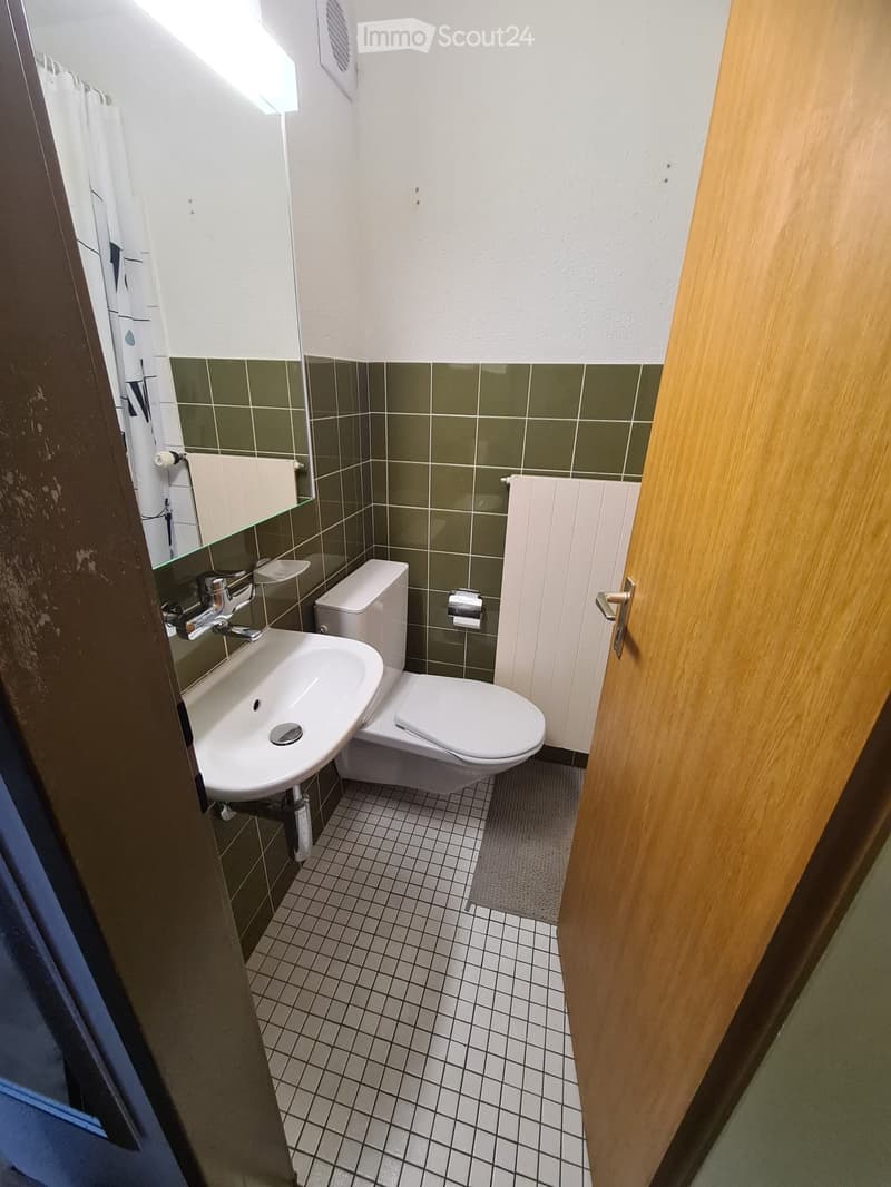 Compact bathroom with white sink, toilet, mirror, and tiled walls in green and white.
