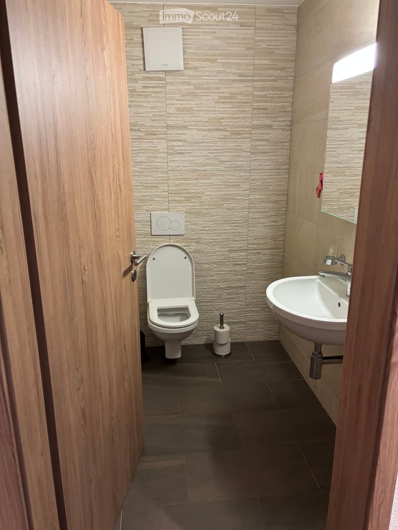 Modern bathroom with beige textured tiles, a white toilet, a sink with a chrome faucet, and a toilet paper holder on the floor.