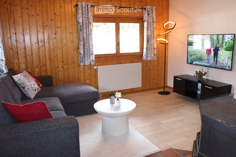 Modern living room with wooden walls, grey sofa, white coffee table, floor lamp, TV, and decorative elements.