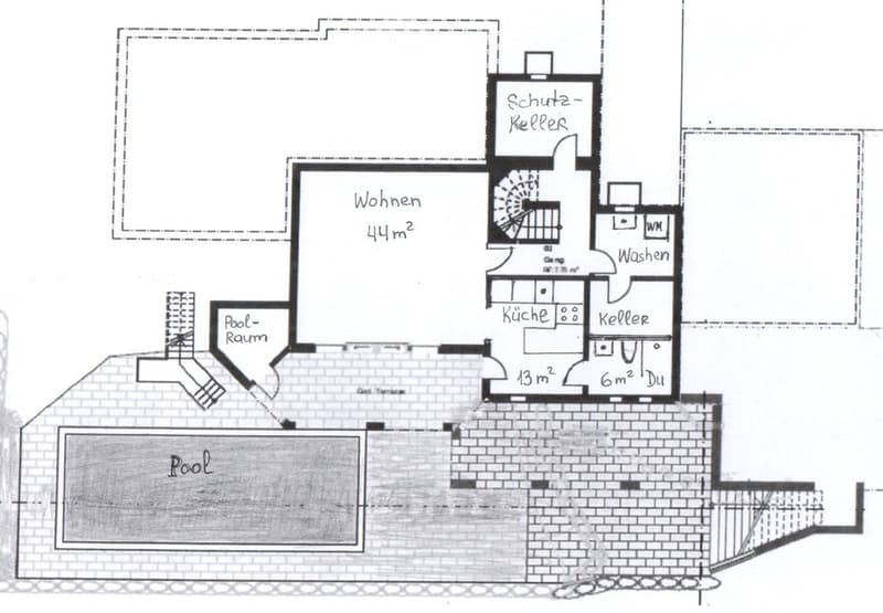 Floor plan showing a living area, kitchen, washroom, cellar, pool room, and outdoor pool.