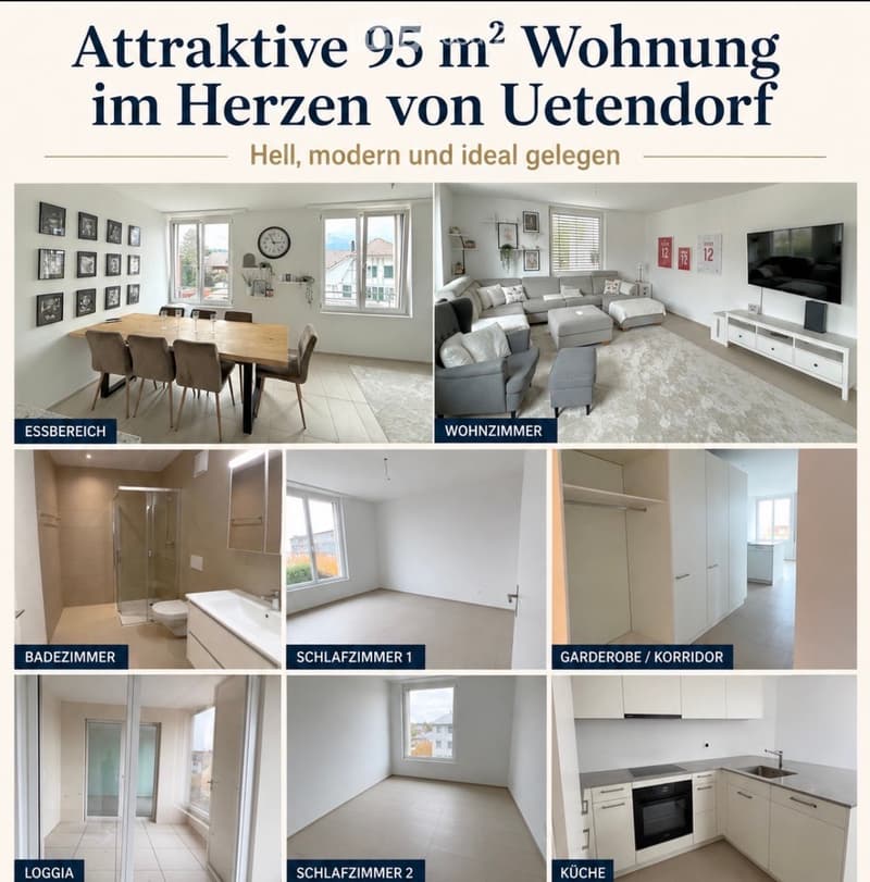 Modern 95 m² apartment in Uetendorf, featuring a dining area, living room, two bedrooms, bathroom, hallway, kitchen, and loggia.