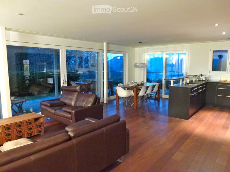Open-plan living and dining area with leather sofa, dining table, kitchen island, and modern lighting.