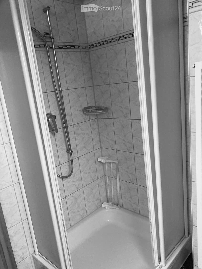Shower area with tiled walls and floor, featuring a handheld showerhead, a fixed shower rail, and a handrail for support.