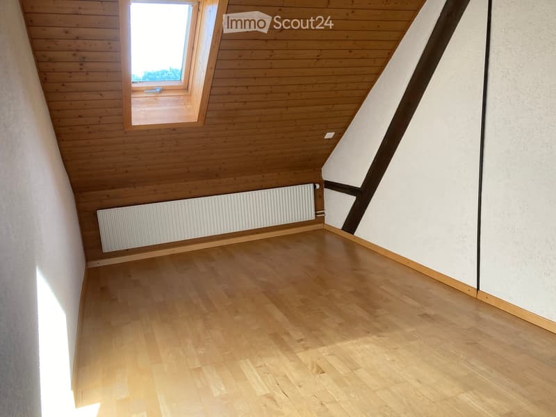 Empty attic room with wooden floors, white walls, and a skylight window. Features a radiator and exposed wooden beams on the ceiling.