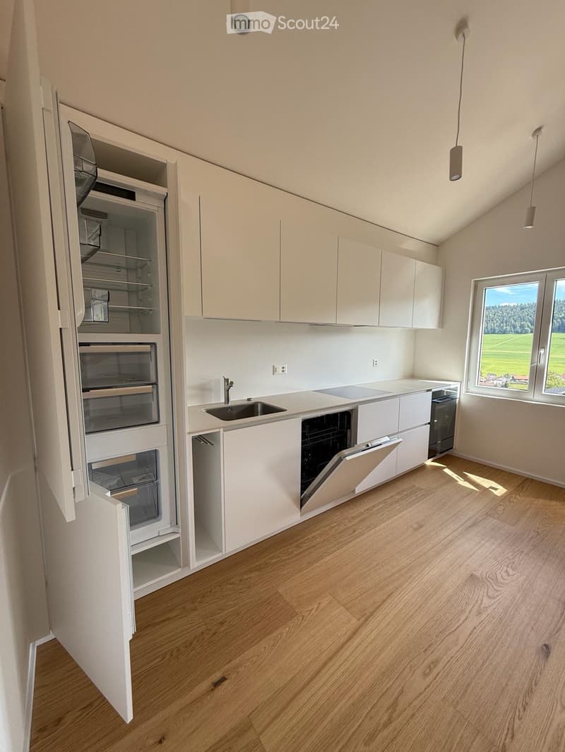 Modern kitchen with white cabinets, wooden flooring, and stainless steel appliances including a refrigerator, oven, dishwasher, and sink.