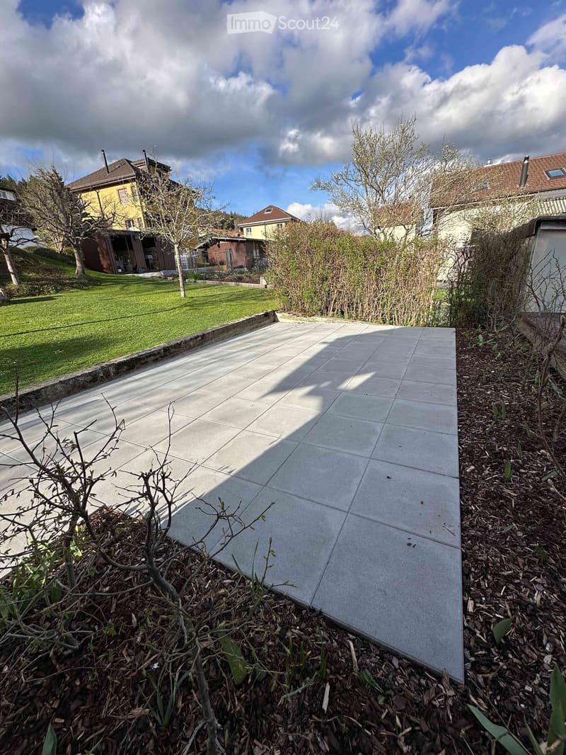 A paved patio area with surrounding mulch and sparse vegetation, adjacent to a grassy lawn and neighboring houses.