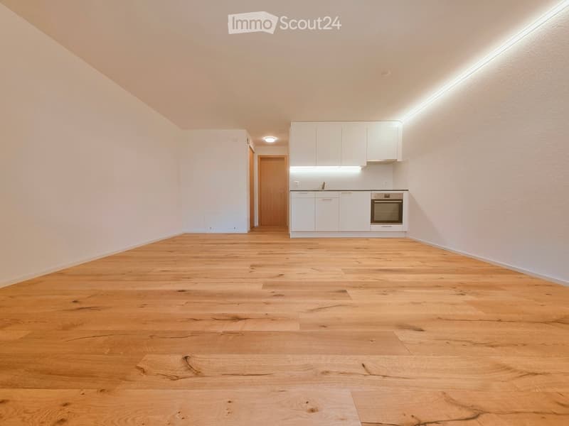 Empty room with light wooden flooring and white walls, featuring a small kitchen area with white cabinets, a sink, and an oven.