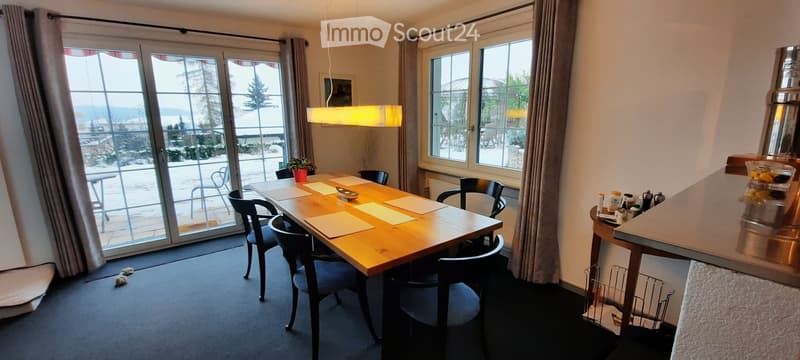 Bright dining area with a wooden table, chairs, and a potted plant, adjacent to a kitchen counter with various items.