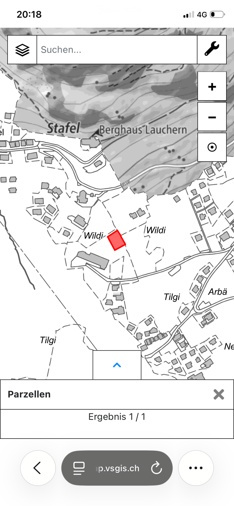 Map showing a highlighted property in Wildi, with surrounding areas labeled including Staffel, Berghaus Lauchern, Tilgi, and Arbä. Interface elements for zooming and navigation are visible.