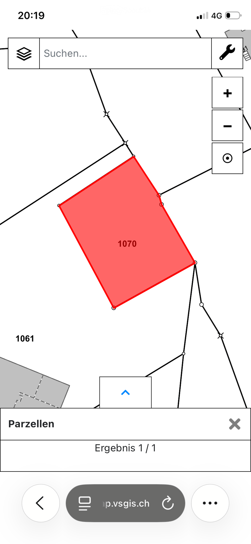 Digital map interface showing property plot numbers1070 and 1061 with measurement tools and search bar visible.