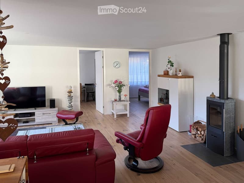 wooden floor, white walls, fireplace, sofa, armchair, TV, entertainment center, fireplace