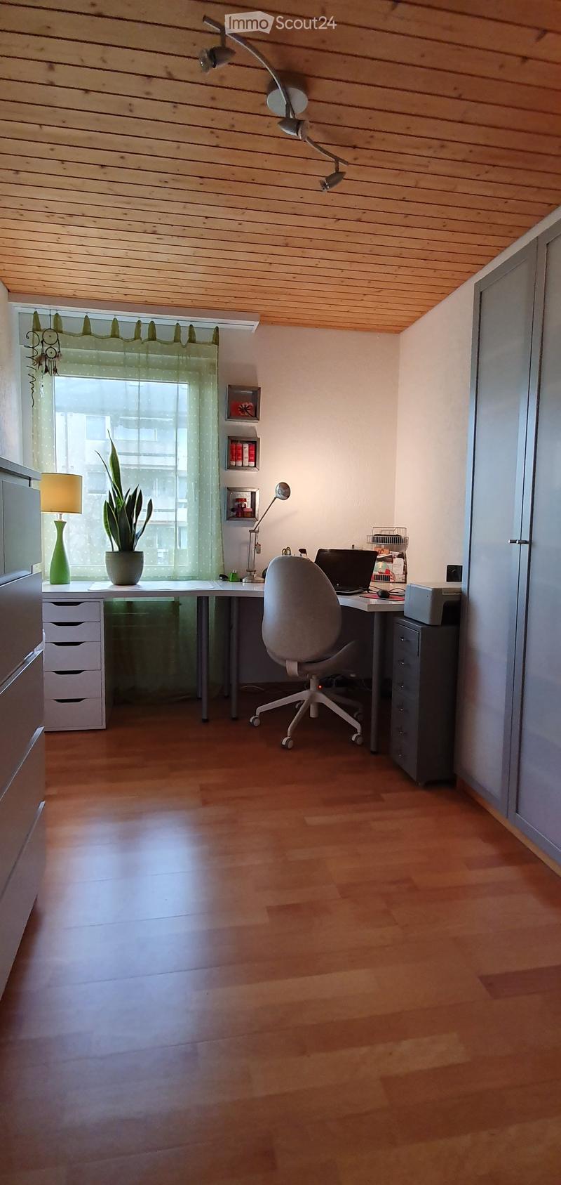 A modern, well-lit office space with a wooden floor, a large desk, a comfortable chair, a laptop, a lamp, a potted plant, and a cabinet.
