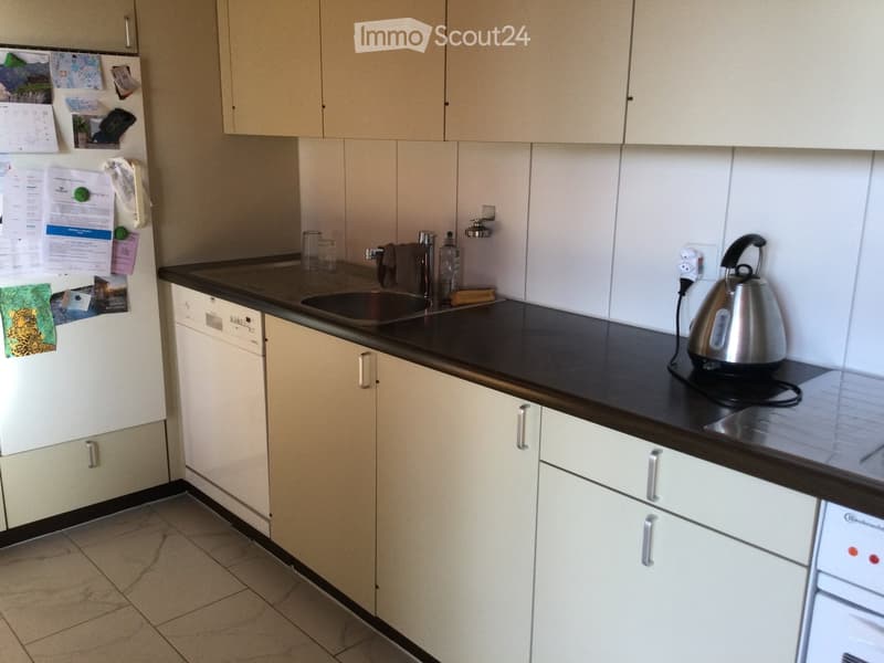 Modern kitchen with light-colored cabinets, black countertop, stainless steel sink, electric kettle, and various small appliances.
