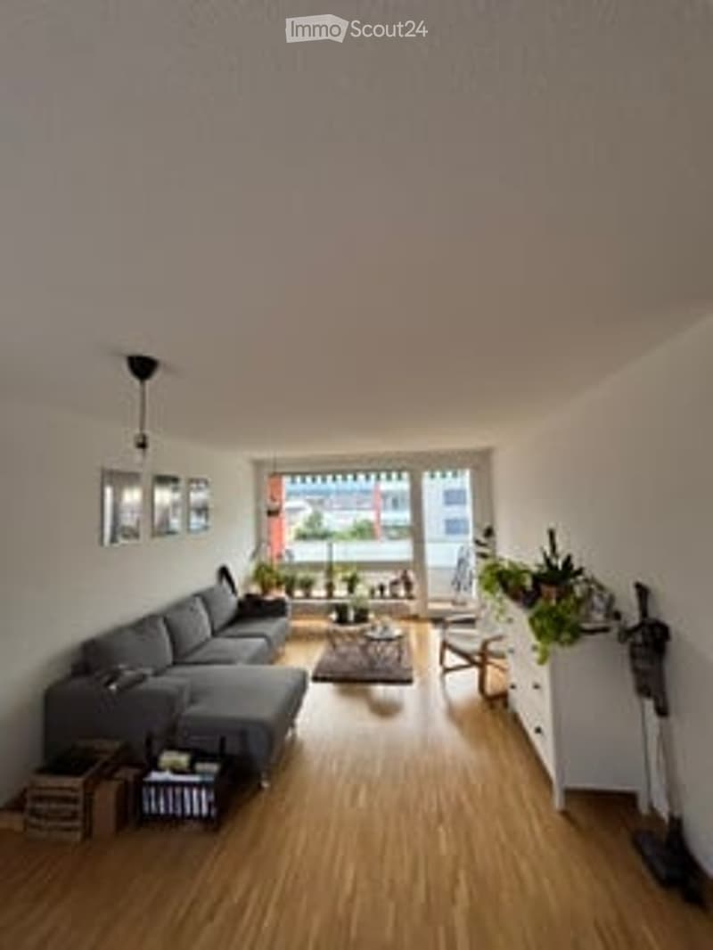 Bright living room with wooden flooring, grey sectional sofa, coffee table, chair, and several plants. Large window with blinds and a mirror on the wall.
