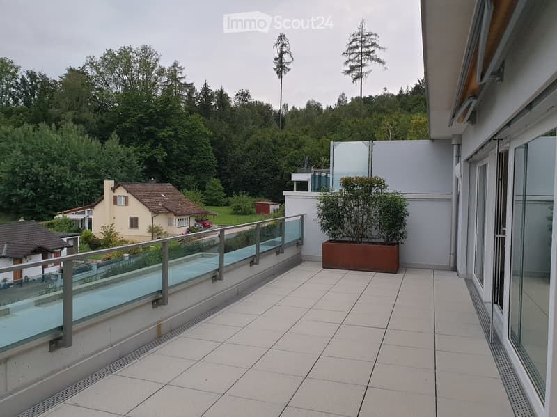 Balcony with tiled floor, glass railing, and a potted plant, overlooking a green landscape with trees and houses.