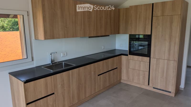 Modern kitchen with light wooden cabinets, black countertops, a stainless steel sink, and a built-in oven.