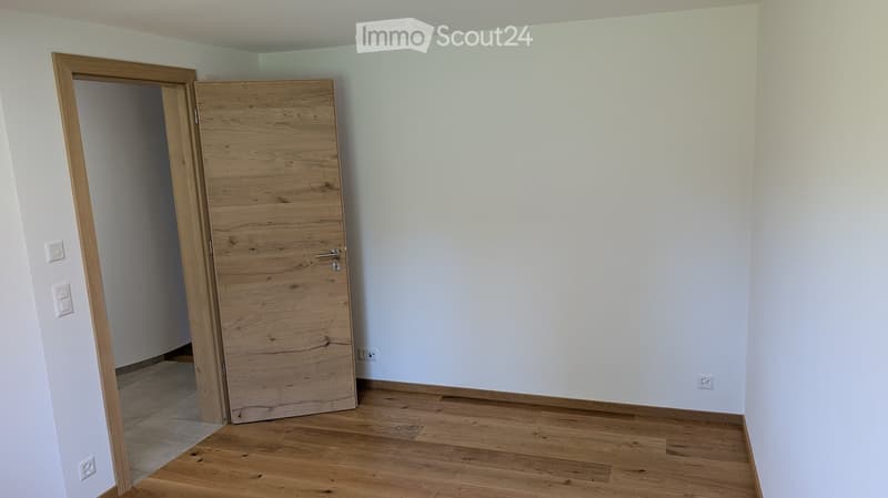 Empty room with light-colored walls, wooden flooring, and a closed wooden door leading to another space.