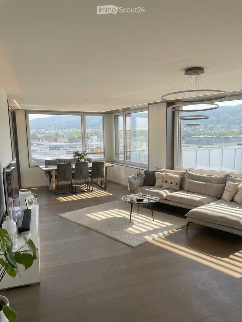 modern living room with large windows, wooden floor, dining table, couch, coffee table, TV, plants