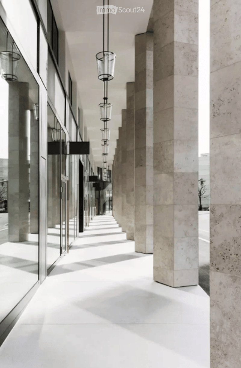 modern building, marble columns, glass walls, white floor, hanging lamps
