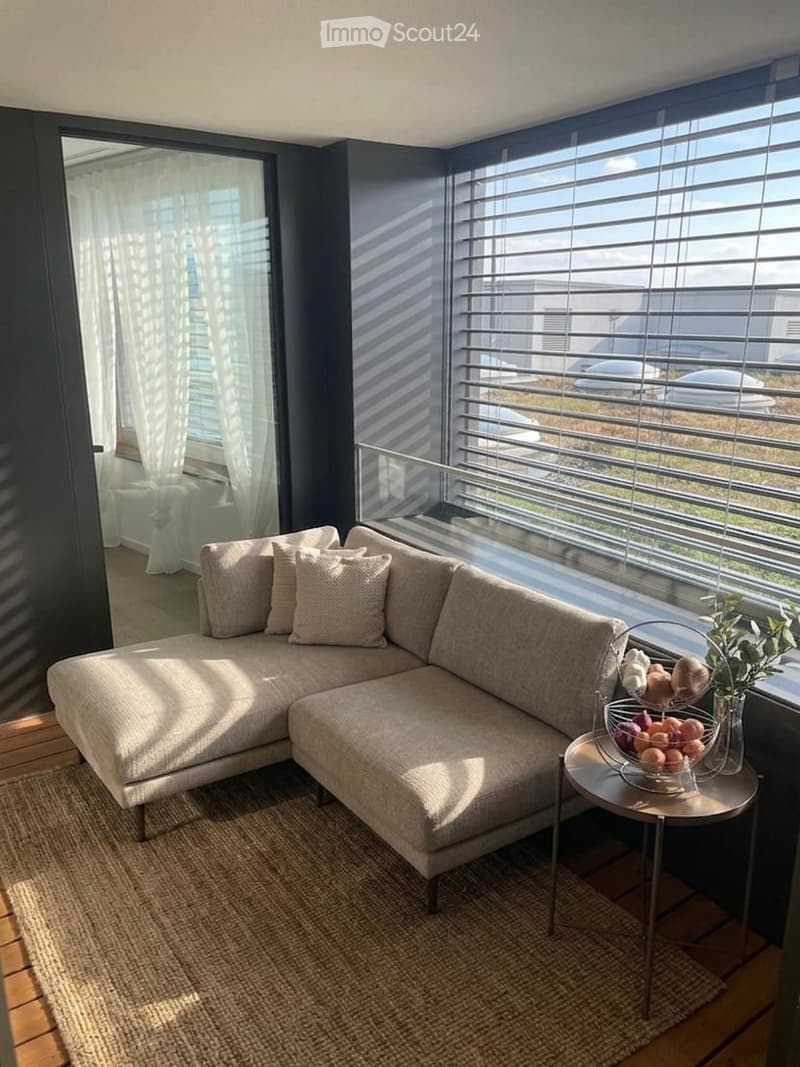 L-shaped sofa, carpet, side table with fruits, large windows with blinds, wooden floor