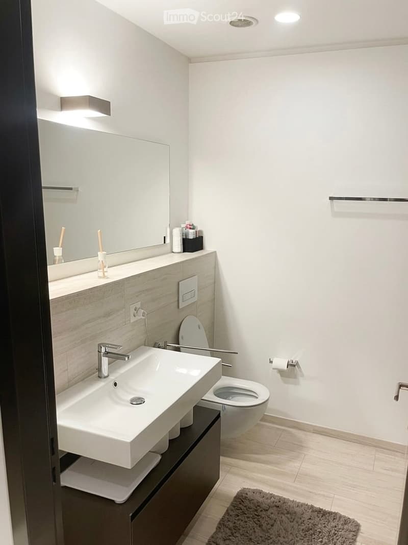 modern bathroom with white sink, white toilet, large mirror, wooden floor, white walls