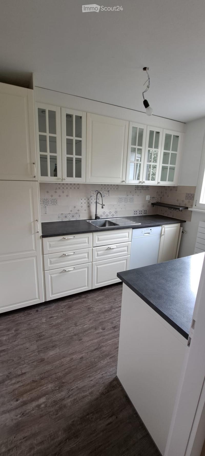 Modern kitchen with white cabinets, dark countertops, a sink, and a dishwasher. The floor is made of dark wood.