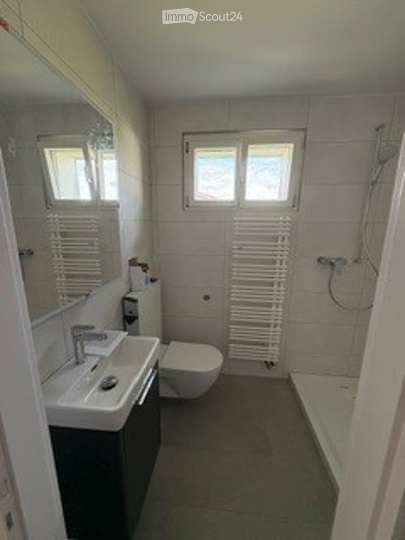 Modern bathroom with white tiles, a sink with a mirror, a toilet, a bathtub, and a radiator.