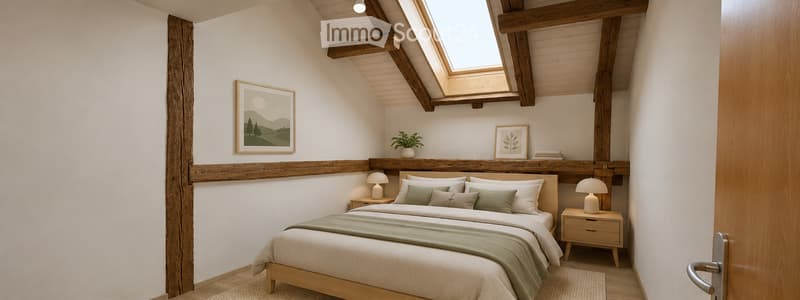 Cozy bedroom with wooden beams, skylight, bed with green pillows and blanket, nightstands with lamps, picture frames, and a small plant on the shelf.