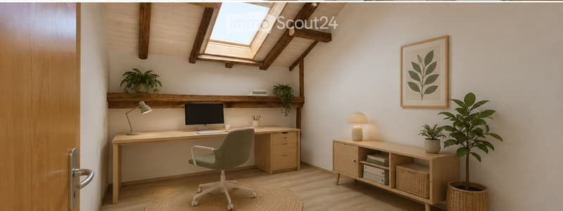 A modern, well-lit room with a wooden desk, ergonomic chair, and a cozy shelf with plants and books. The room features a skylight, a round rug, and a framed leaf print on the wall.