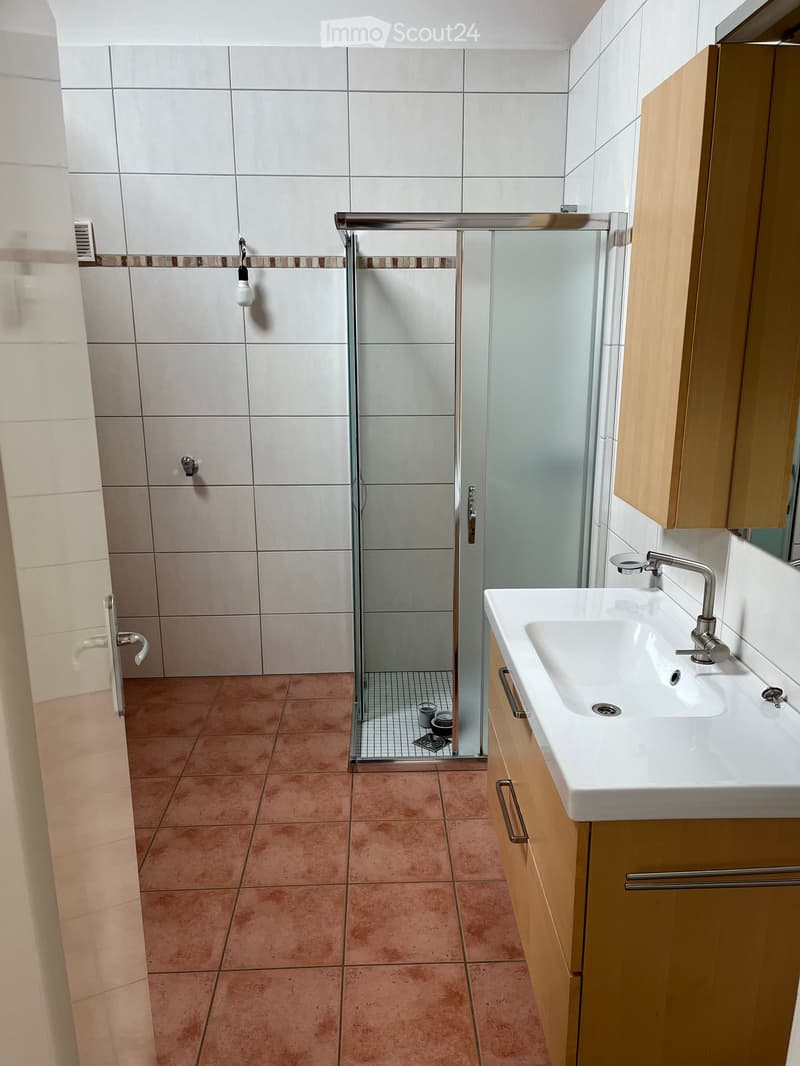 Modern bathroom with white tiles, a glass-enclosed shower stall, a white sink with a modern faucet, and wooden cabinetry.