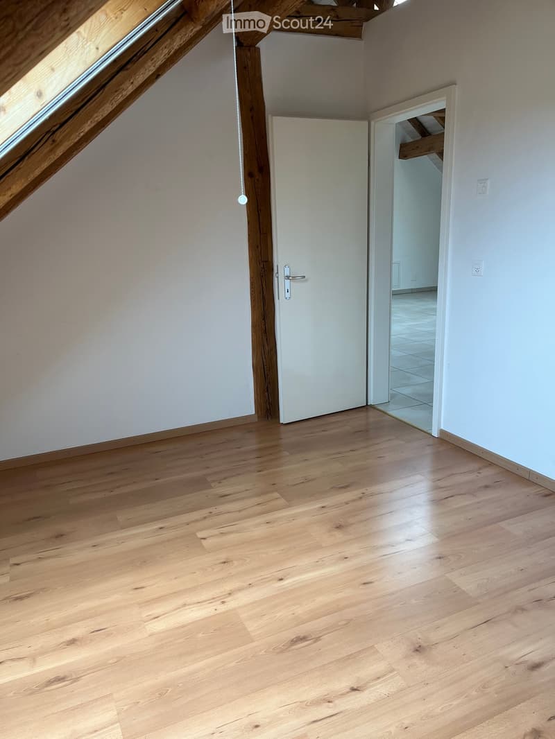 Empty room with light wooden flooring, white walls, and a white door leading to another space. The room has exposed wooden beams and a skylight window on the left side.