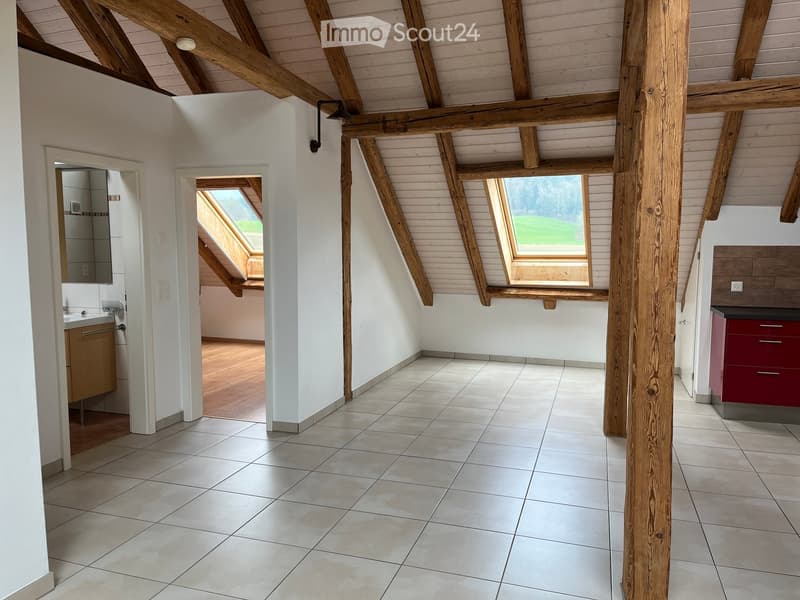 Bright, open room with exposed wooden beams and skylights, featuring a sink, cabinet, and mirror in the background.