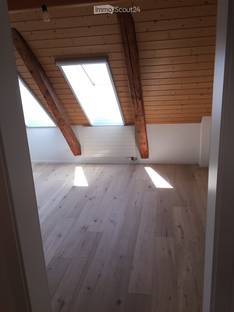 Empty attic space with wooden floors and exposed wooden beams, featuring skylights that allow natural light to enter.