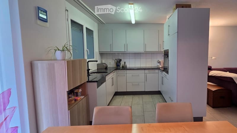 A modern kitchen with white cabinets, a black countertop, and a small dining area with a wooden table and pink chairs. The kitchen features a sink, a refrigerator, and a toaster, with a plant on the windowsill and a sofa visible in the adjacent living spa
